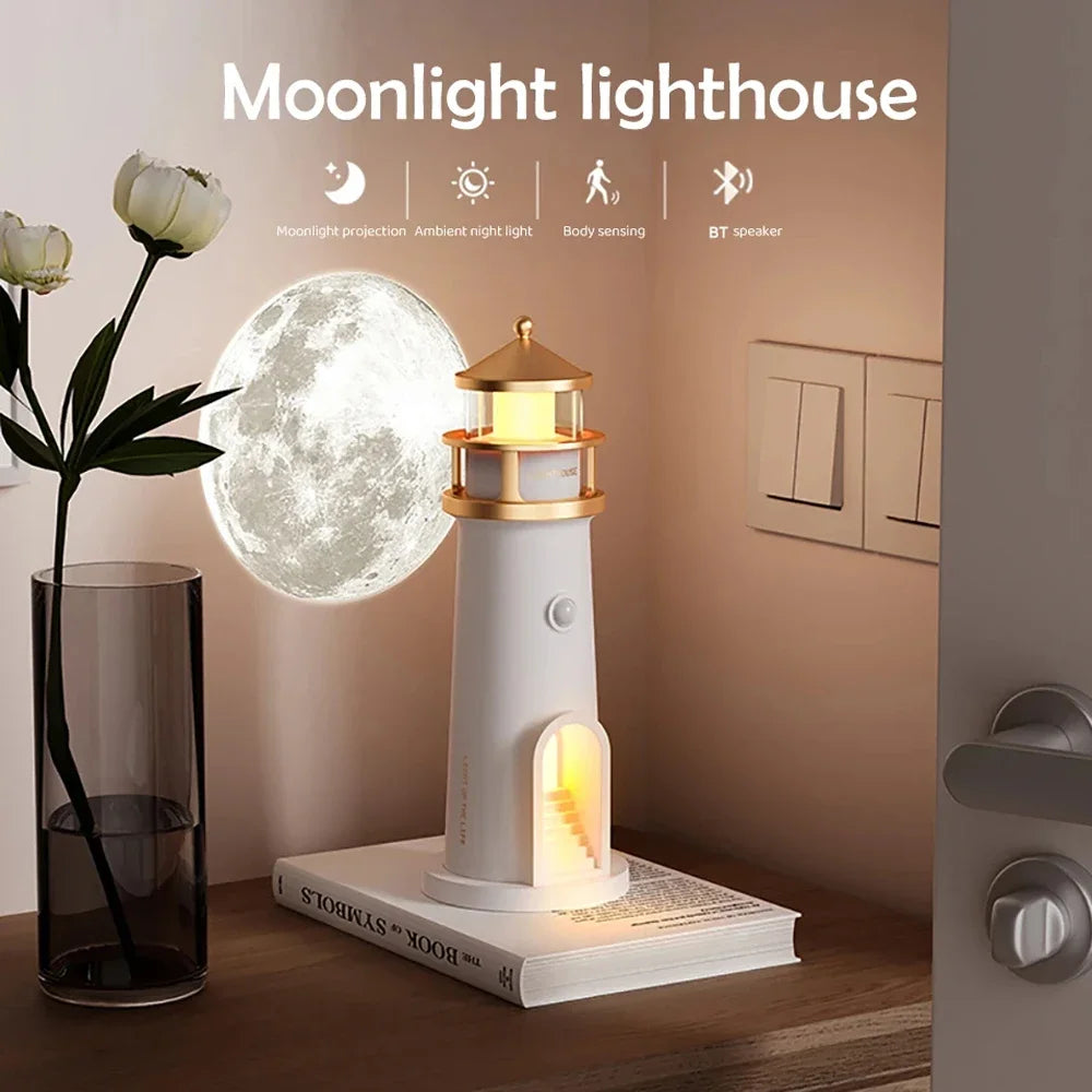 Enchanting Dimmable Bluetooth Music Motion Sensor Night Lights - Perfect Christmas Gift with Lighthouse and Moon Projection Ambient Effects