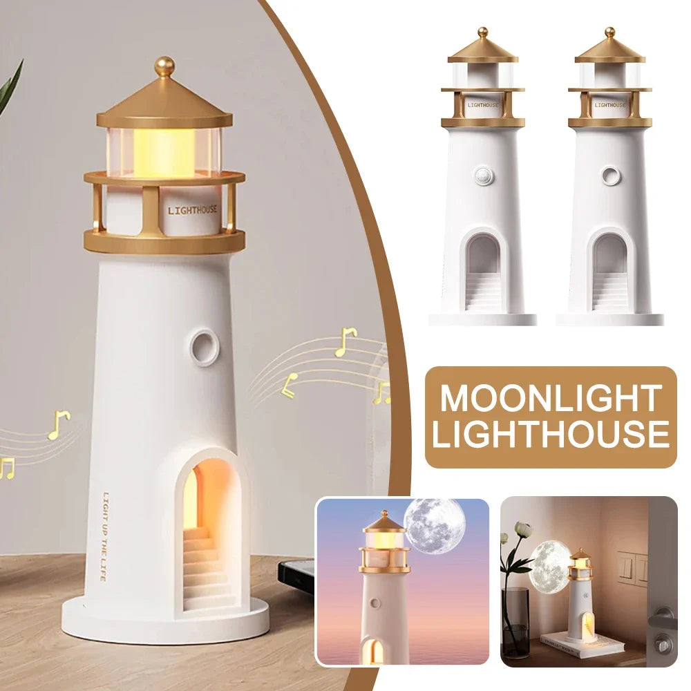 Enchanting Dimmable Bluetooth Music Motion Sensor Night Lights - Perfect Christmas Gift with Lighthouse and Moon Projection Ambient Effects